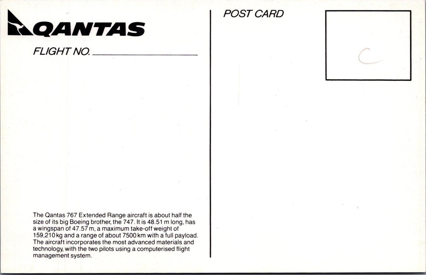 Australia Postcard: Qantas Boeing 767 Extended Range Jet Plane In-Flight XT3376