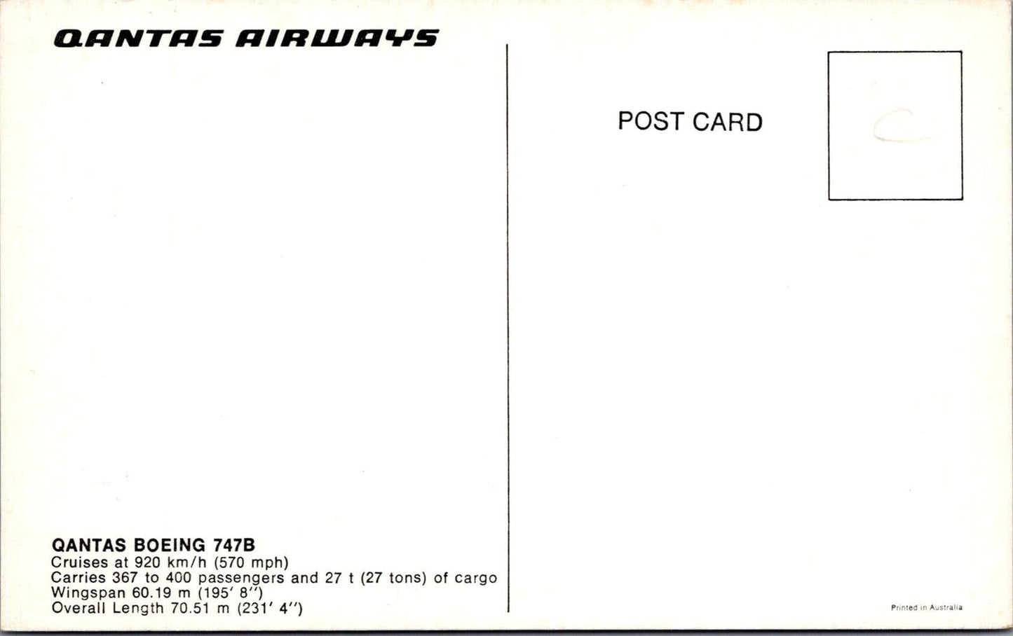 Australia Postcard: Qantas Boeing 747B Jumbo Jet Plane In-Flight XT3378