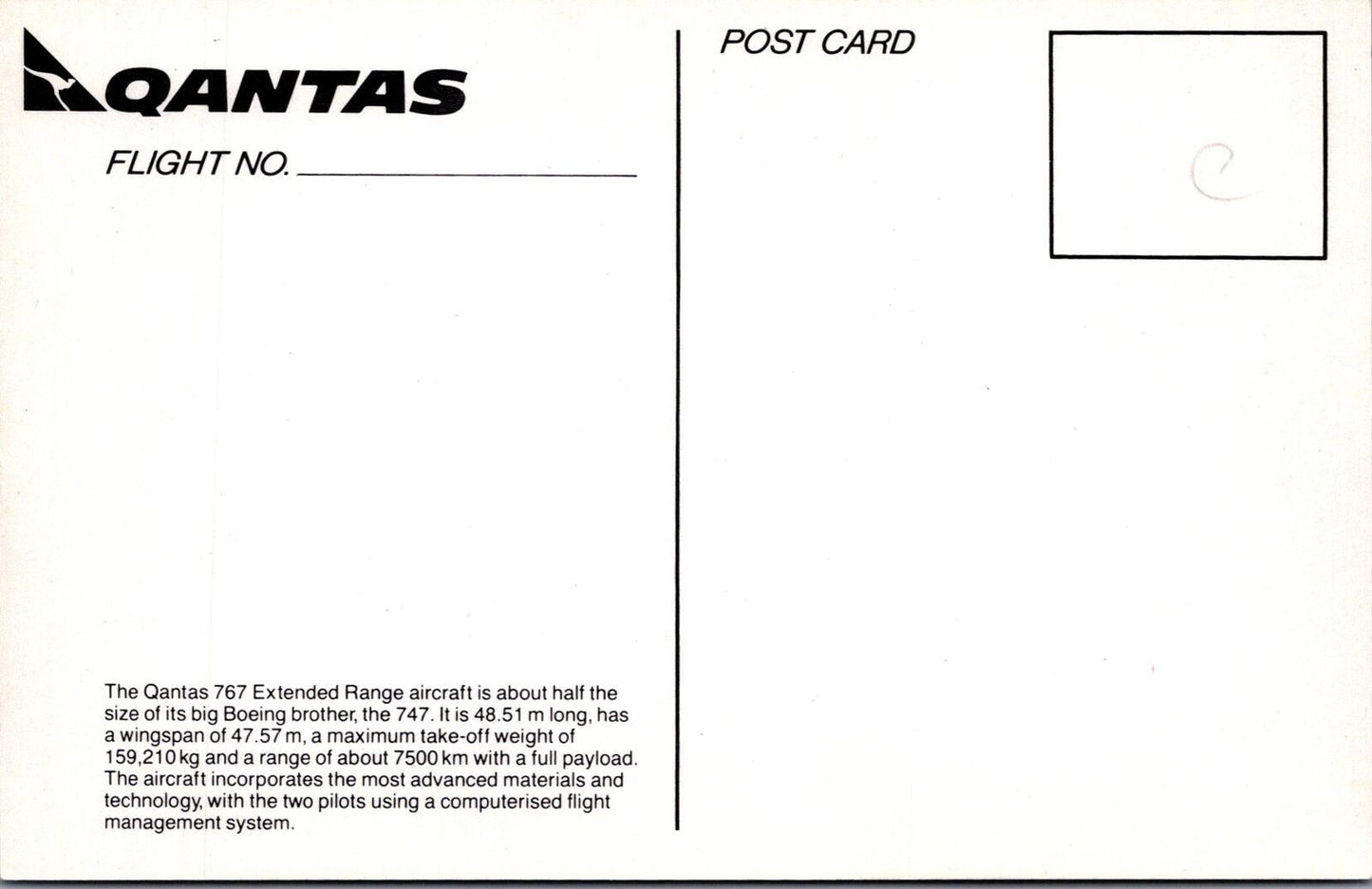 Australia Postcard: Qantas Boeing 767 Extended Range Jet Plane In-Flight XT3380