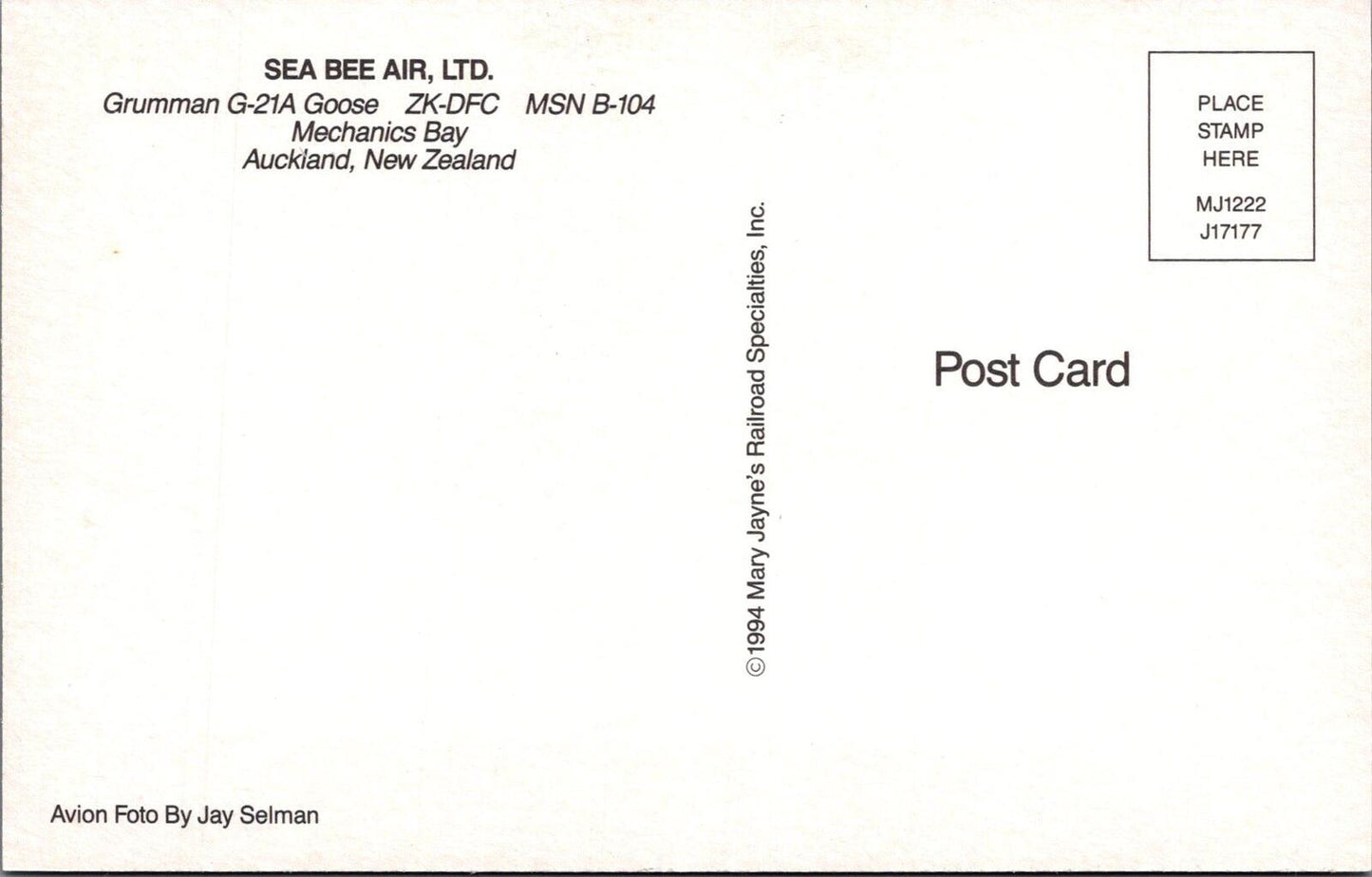 New Zealand Postcard: Sea Bee Air Grumman G-21A Goose Flying Boat ZK-DFC XT3384