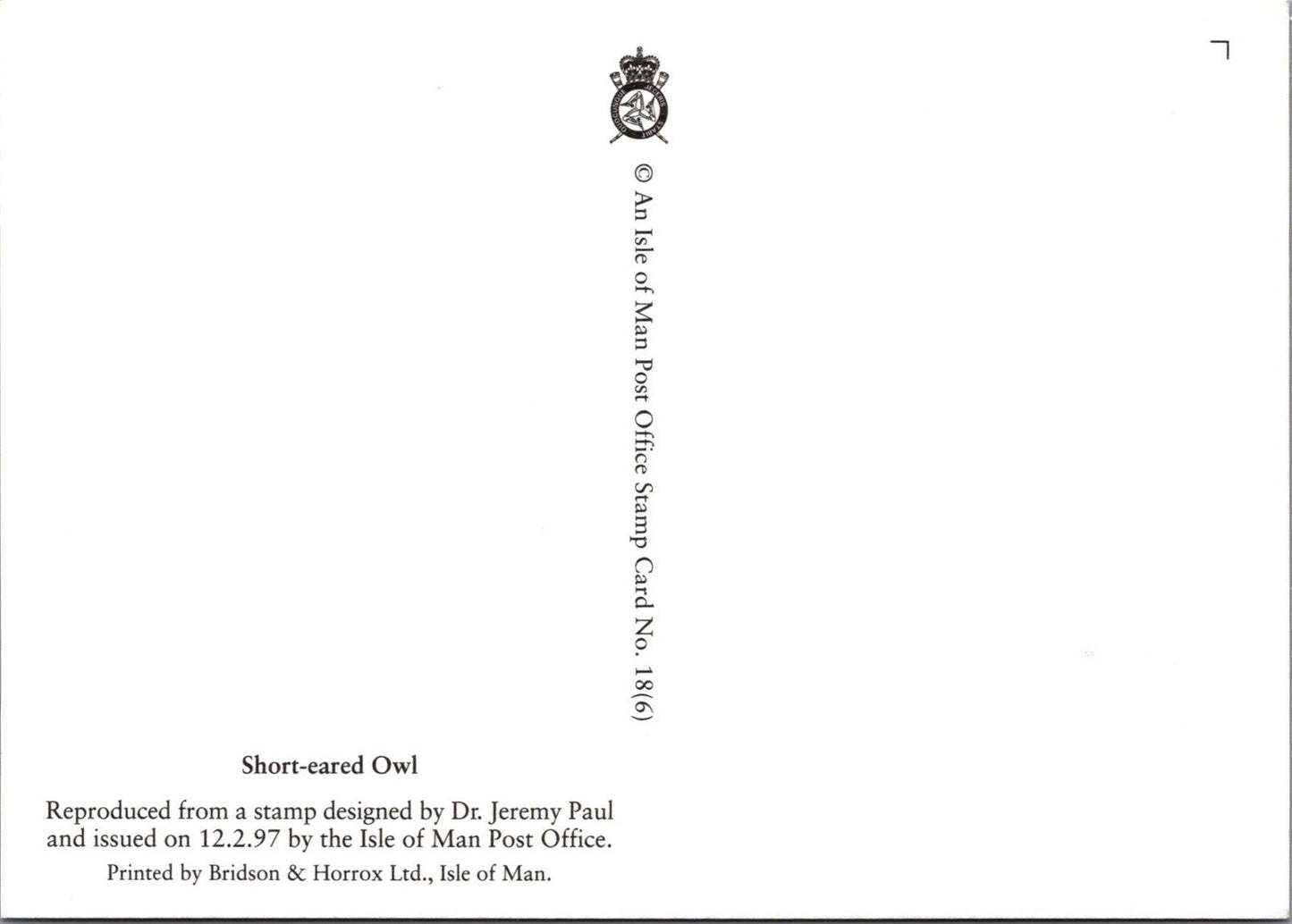 Isle of Man Postcard: Short-eared Owl Stamp Design by Dr. Jeremy Paul XT2220