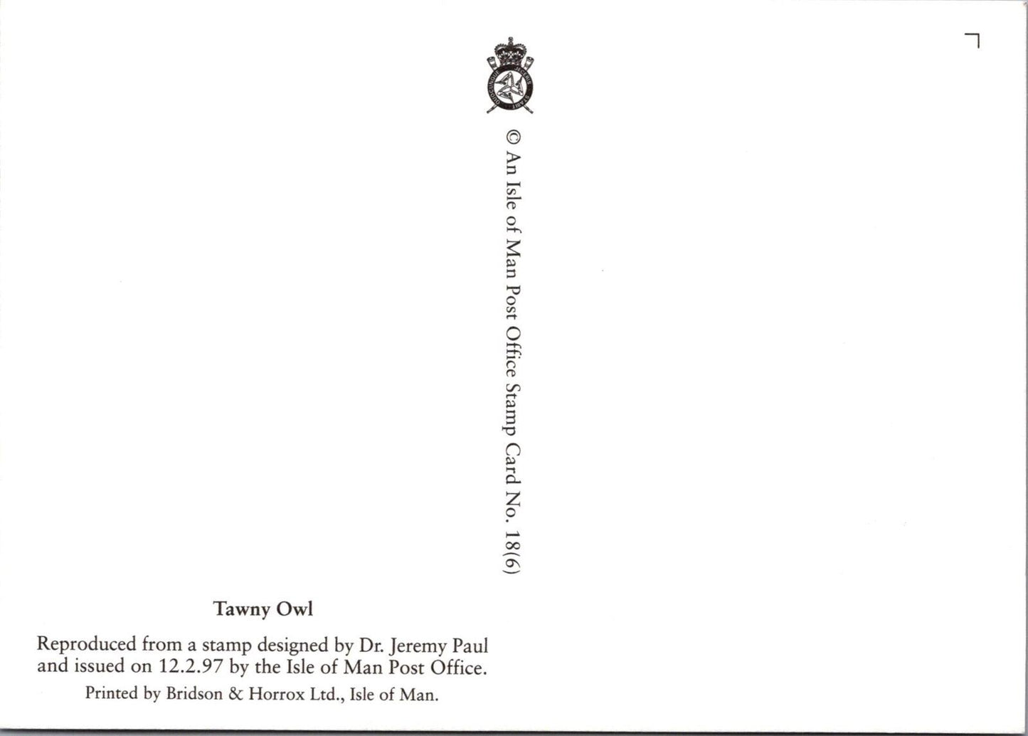 Isle of Man Postcard: Tawny Owl Stamp Design by Dr. Jeremy Paul XT2224