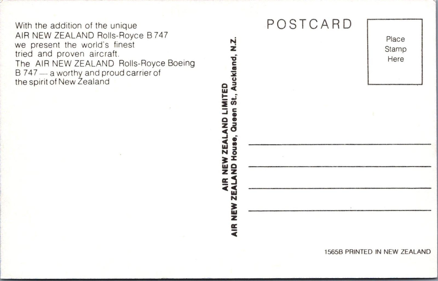 New Zealand Postcard: Air New Zealand Rolls-Royce Boeing B747 1980s XT1526