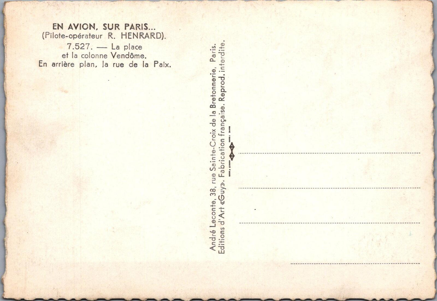 France Postcard: Paris Place Colonne Vendome Rue De La Paix Aerial RPPC XT2751