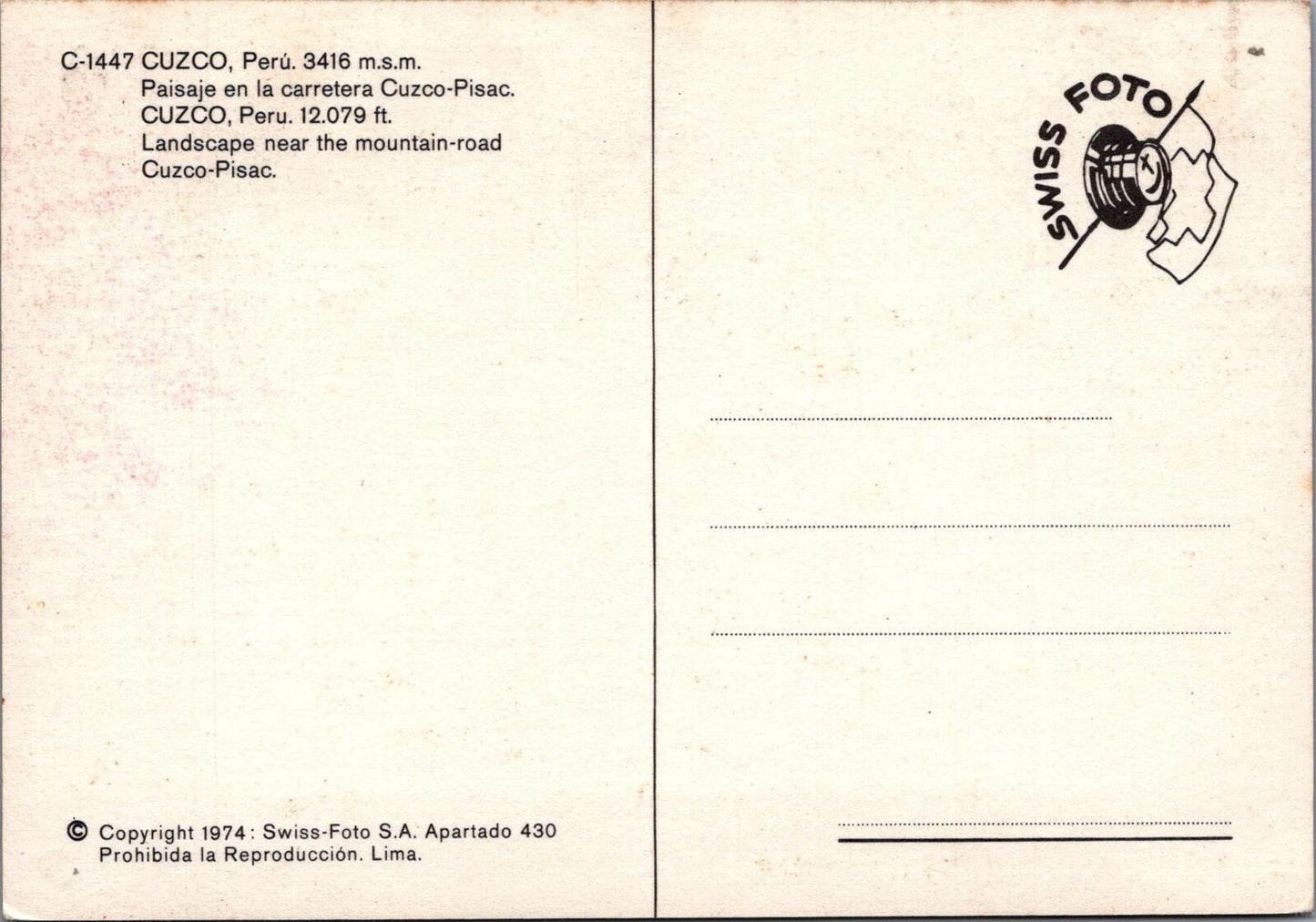 Peru Postcard: Cuzco Pisac Landscape Mountain Road Scenic Vista 1974 - XT2774