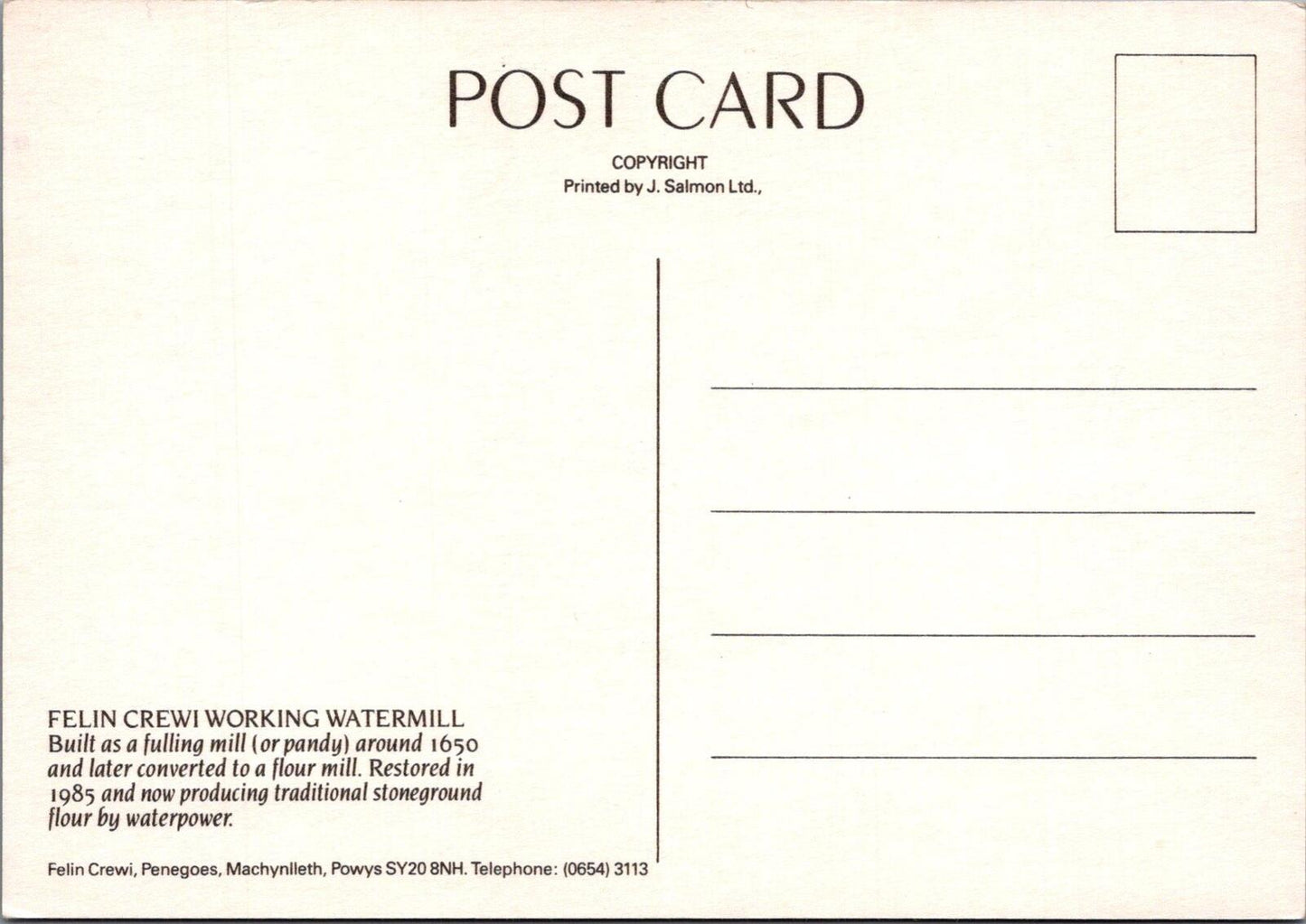 Powys Postcard: Felin Crewi Working Watermill Penegoes Machynlleth Chrome XT2802