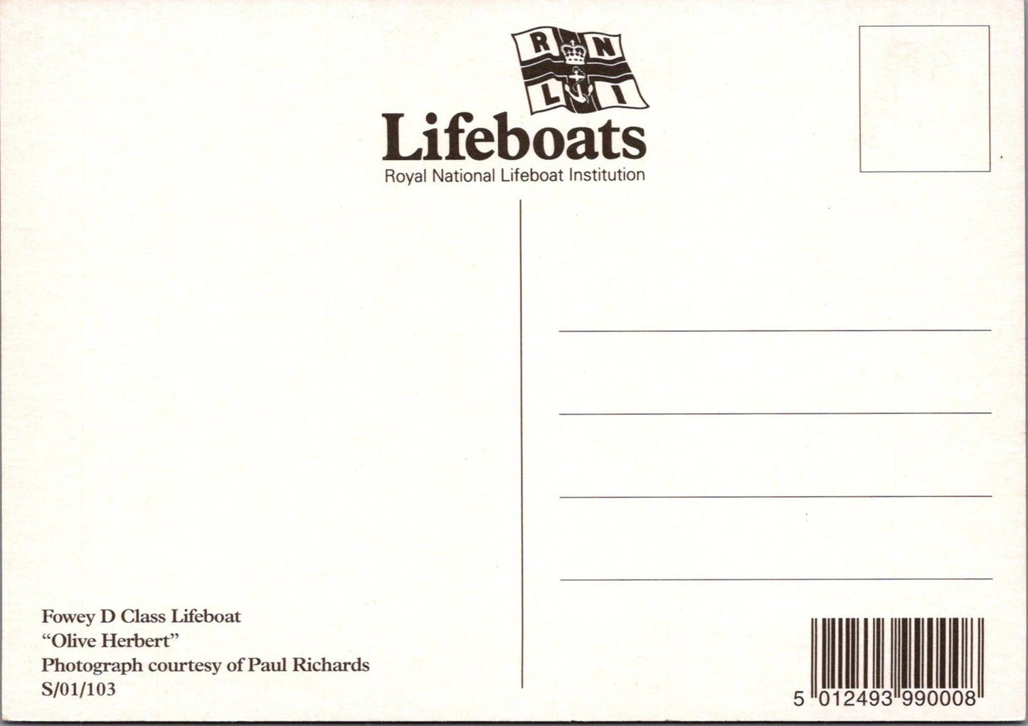 Lifeboats Postcard - Fowey D Class Lifeboat Olive Herbert XT1184