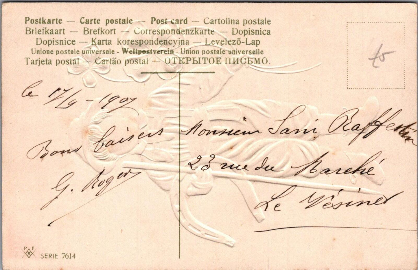 France Postcard Souvenir d'amitie Boy Horseshoe Four Leaf Clover 1907 XT2426