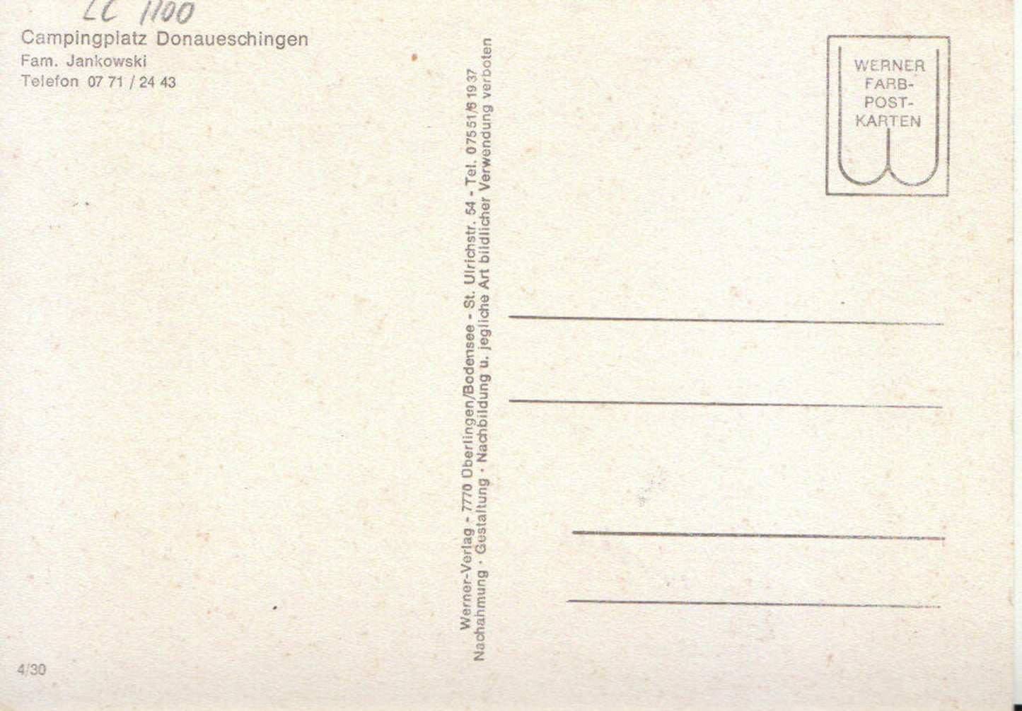 Germany Postcard - Campingplatz - Donaueschingen - Schwarzwald TZ5372