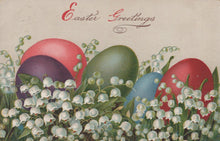 Load image into Gallery viewer, Easter Greetings Postcard - Dyed Easter Eggs and Lily of the Valley Flowers XT58