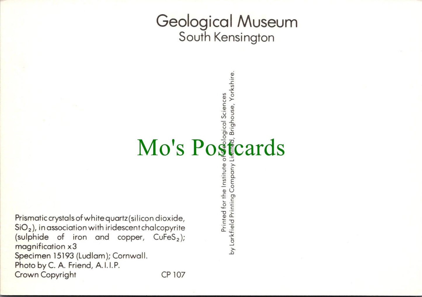 Geological Museum Postcard - Prismatic Crystals of White Quartz RR19160