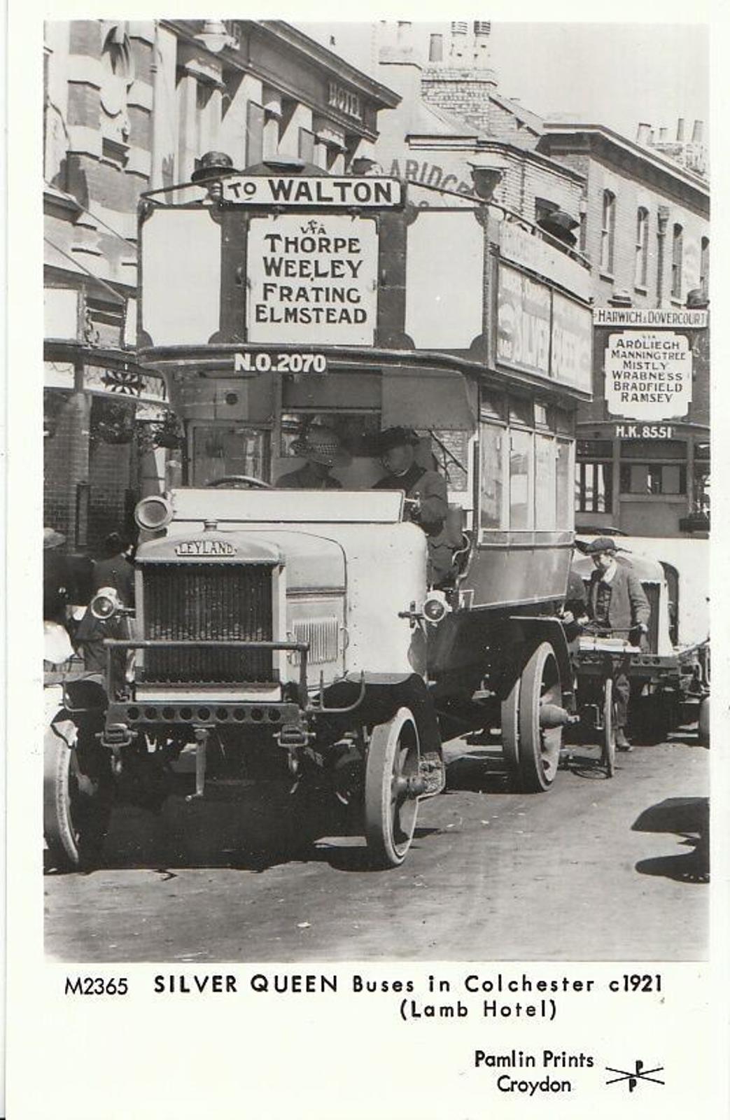 Bus Postcard: Vintage Silver Queen Double Decker at Lamb Hotel Colchester S761
