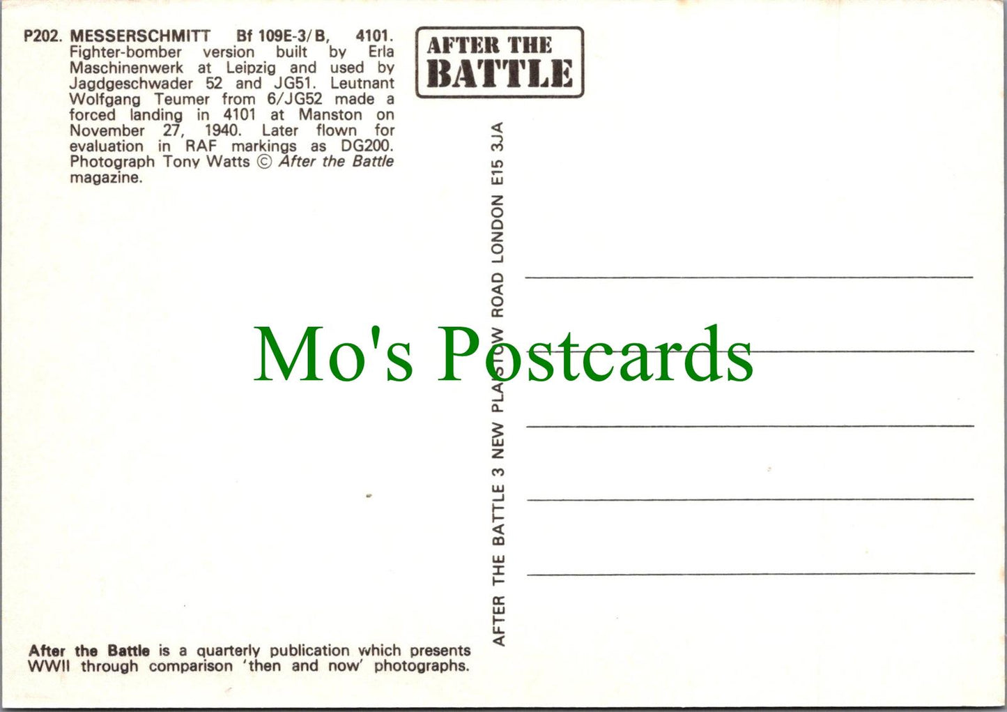 Military Aviation Postcard -Messerschmitt Bf 109E-3/B Fighter Bomber RR14998