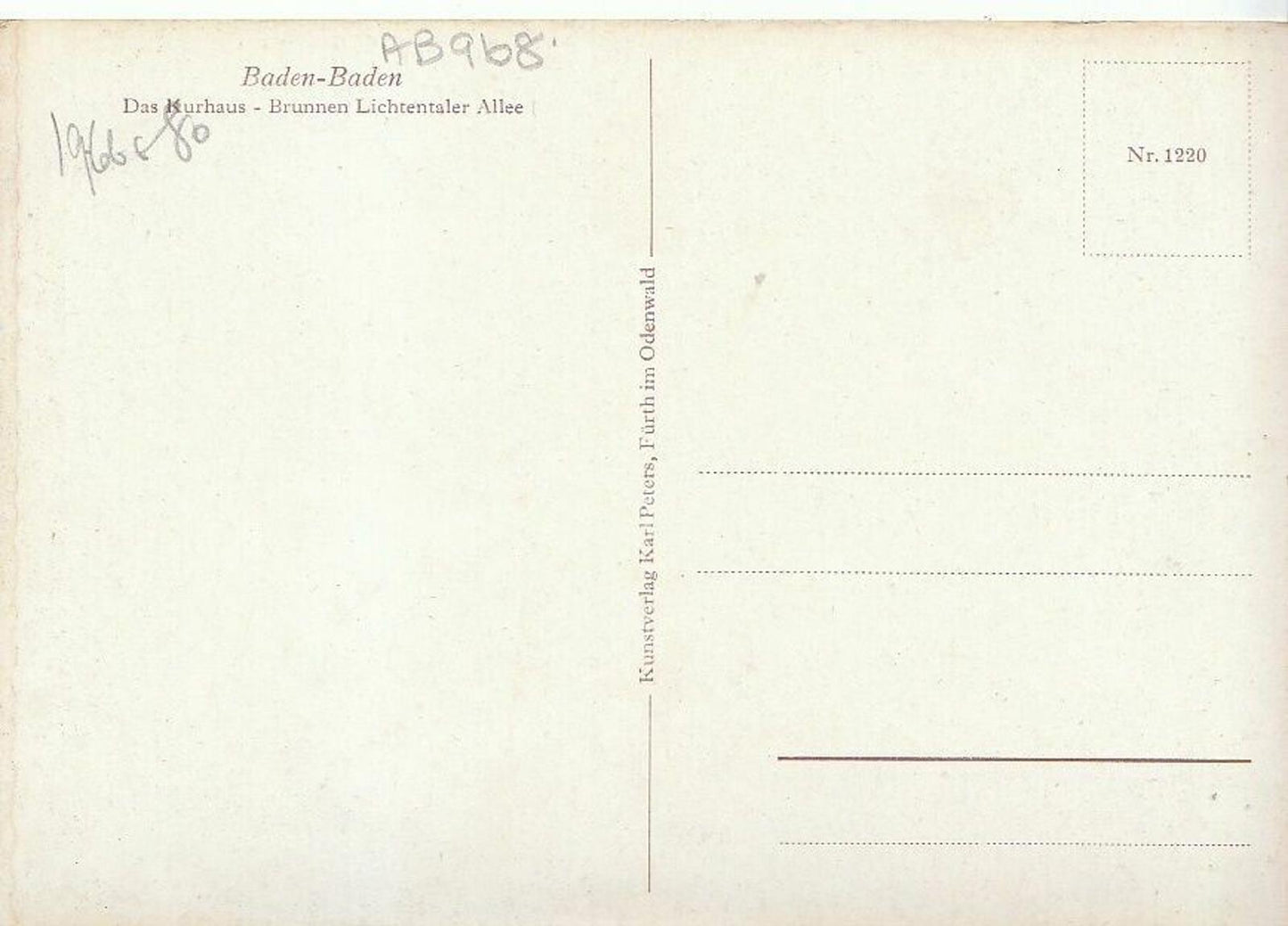 Germany Postcard - Baden - Baden, Das Kurhaus - Brunnen Lichtentaler AB968