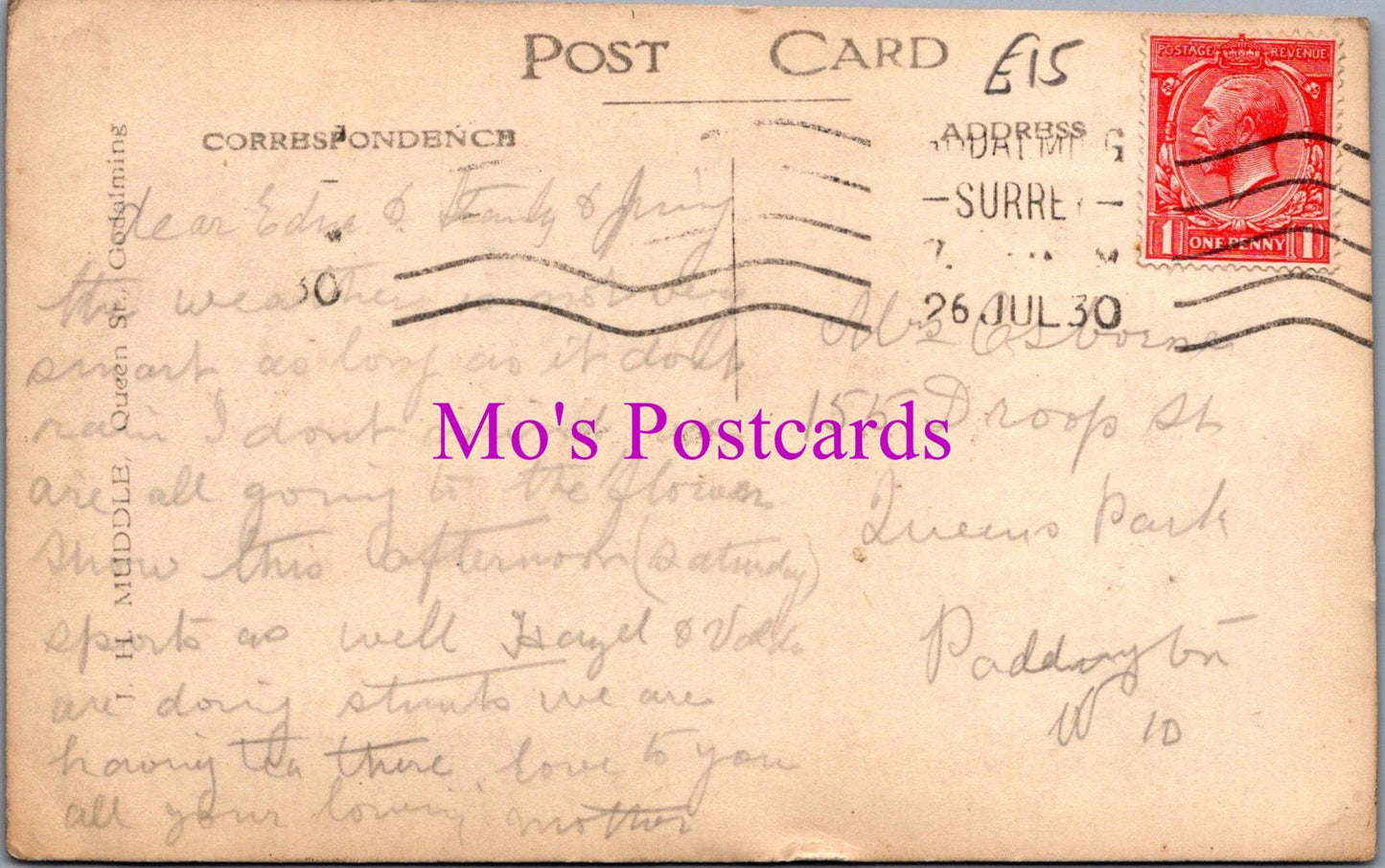 Surrey Postcard: The Green, Elstead, Posted 1930 RPPC BH2141
