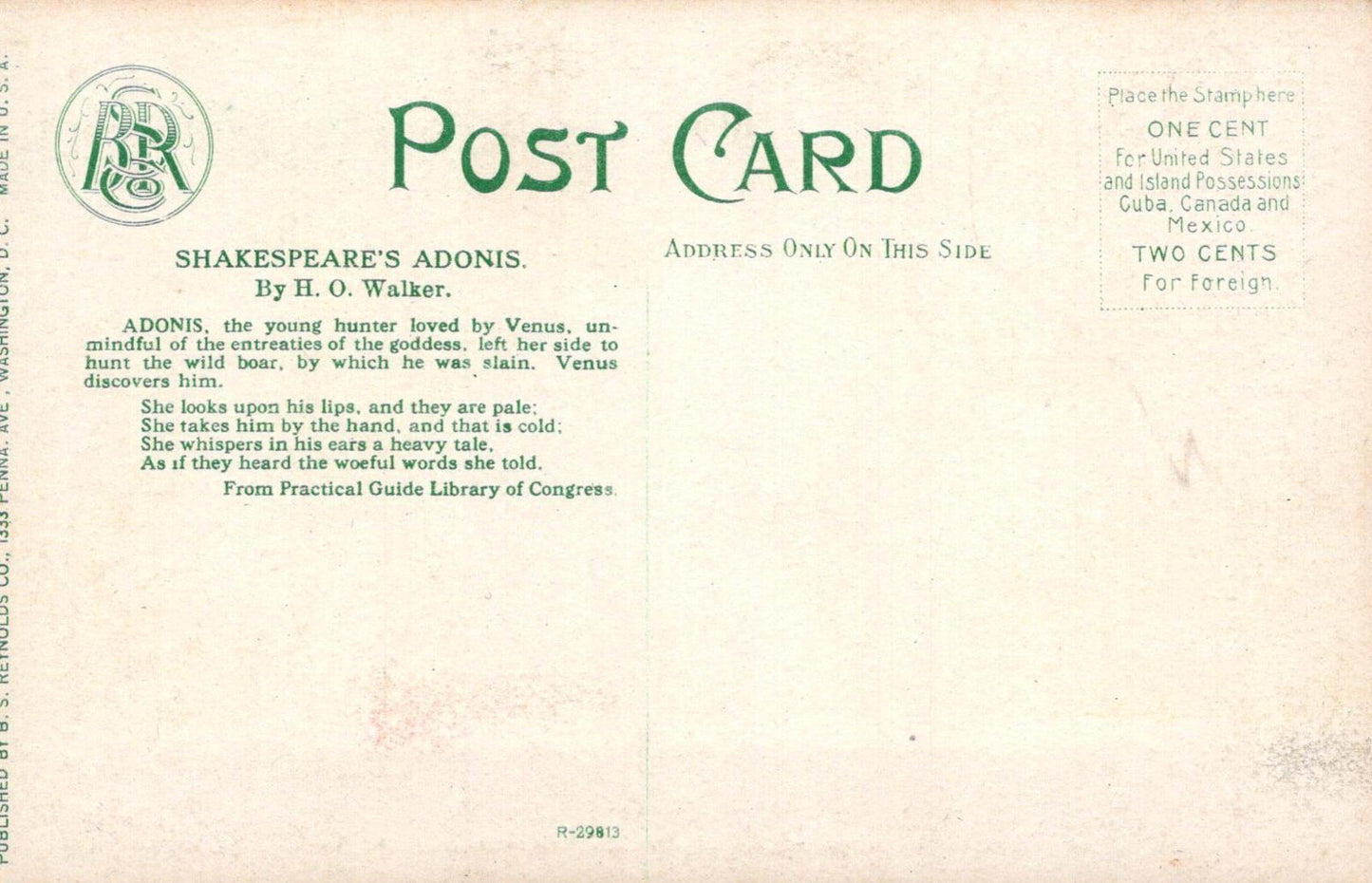 America Postcard - Adonis, Congressional Library, Washington D.C - XT42