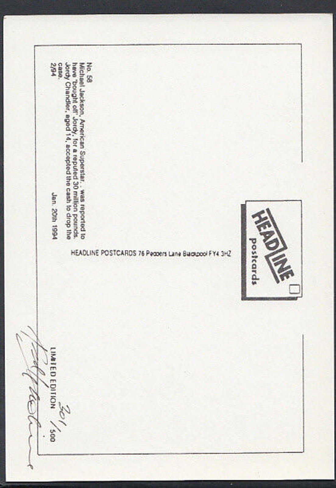 Headline Postcard - Music - Michael Jackson 'Buys Off' Jordy RR2522