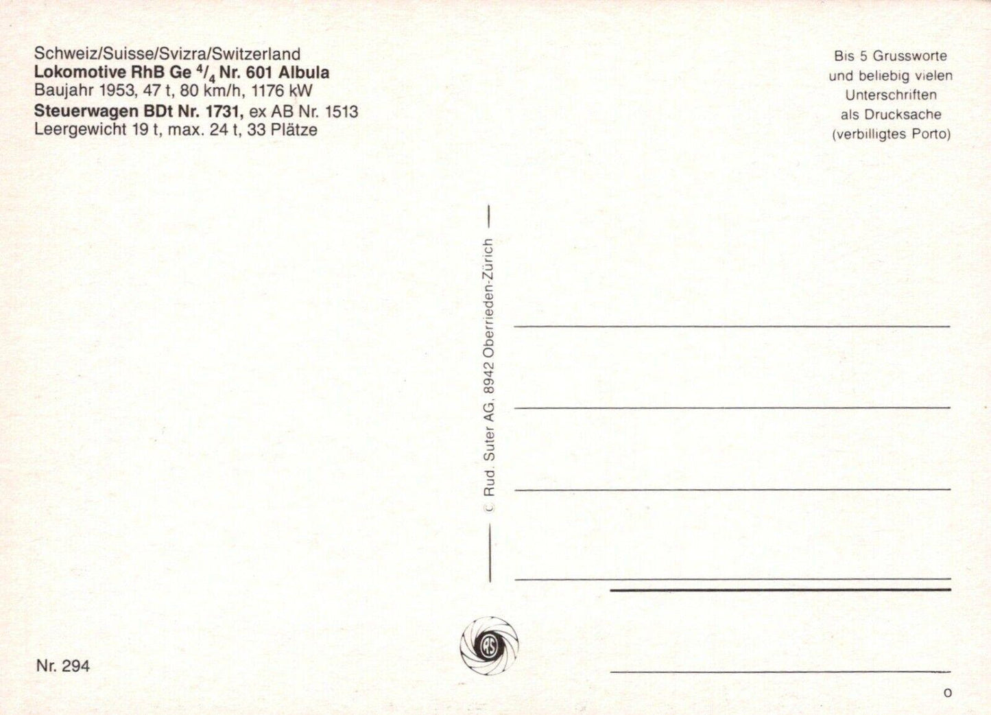 Transport Postcard - Switzerland - Lokomotive Rhb - Steuerwagen Bdt RRR78
