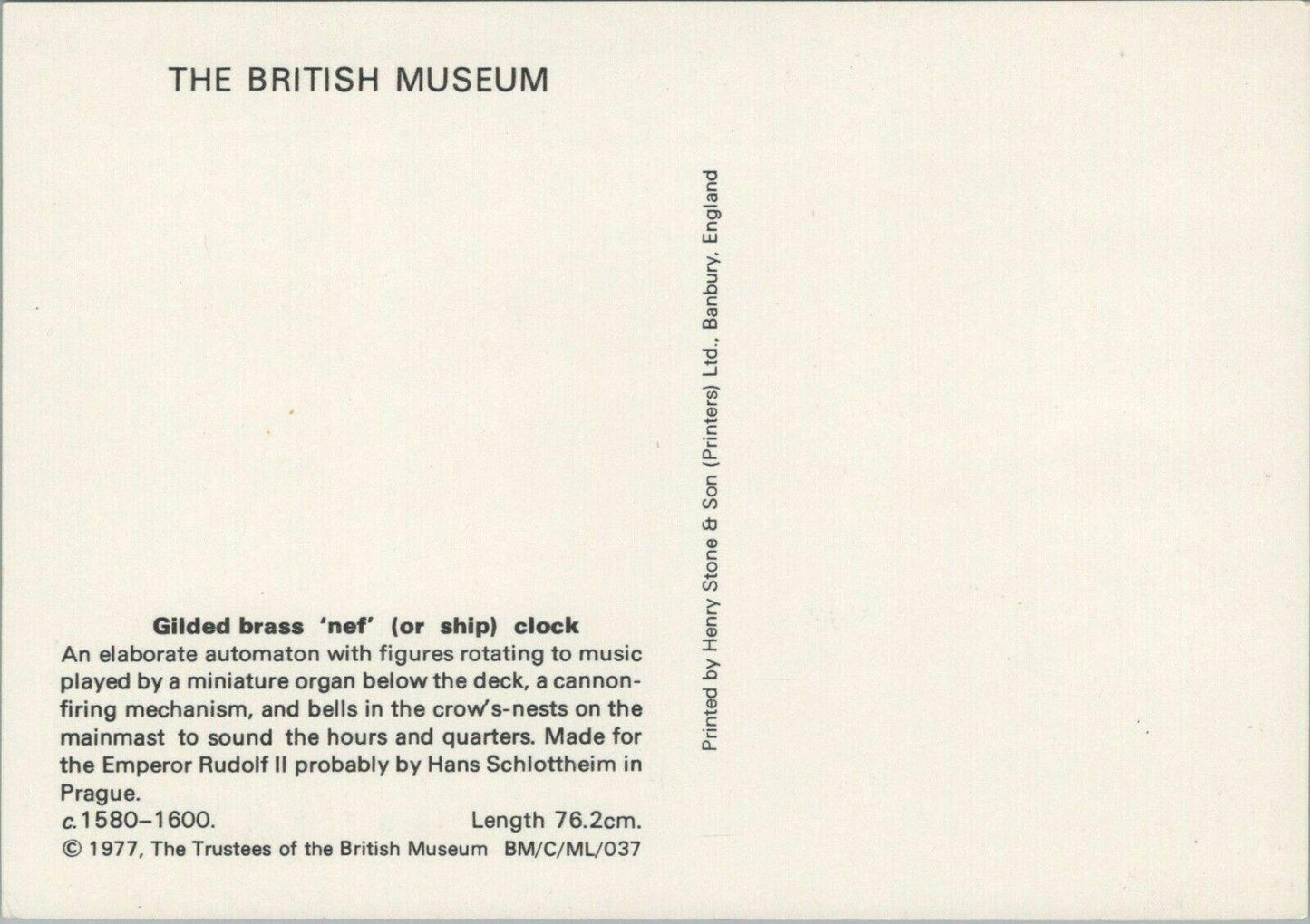 British Museum Postcard - Gilded Brass 'Nef'(or Ship) Clock RRR1284