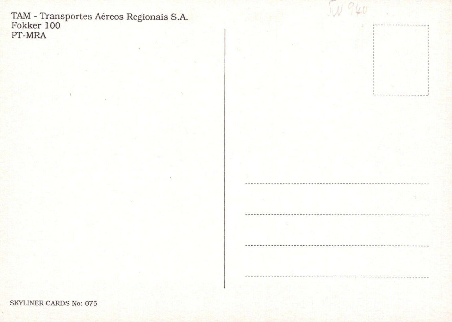 Aviation Postcard - TAM Aeroplane - Fokker 100 PT-MRA - RRR427