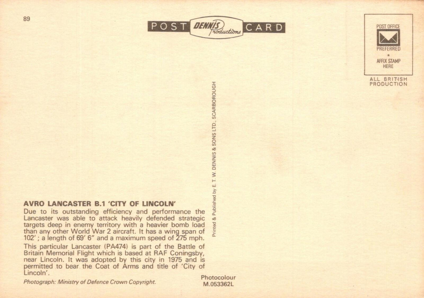 Military Aviation Postcard-Avro Lancaster B.1 'City of Lincoln' Aeroplane RR9786
