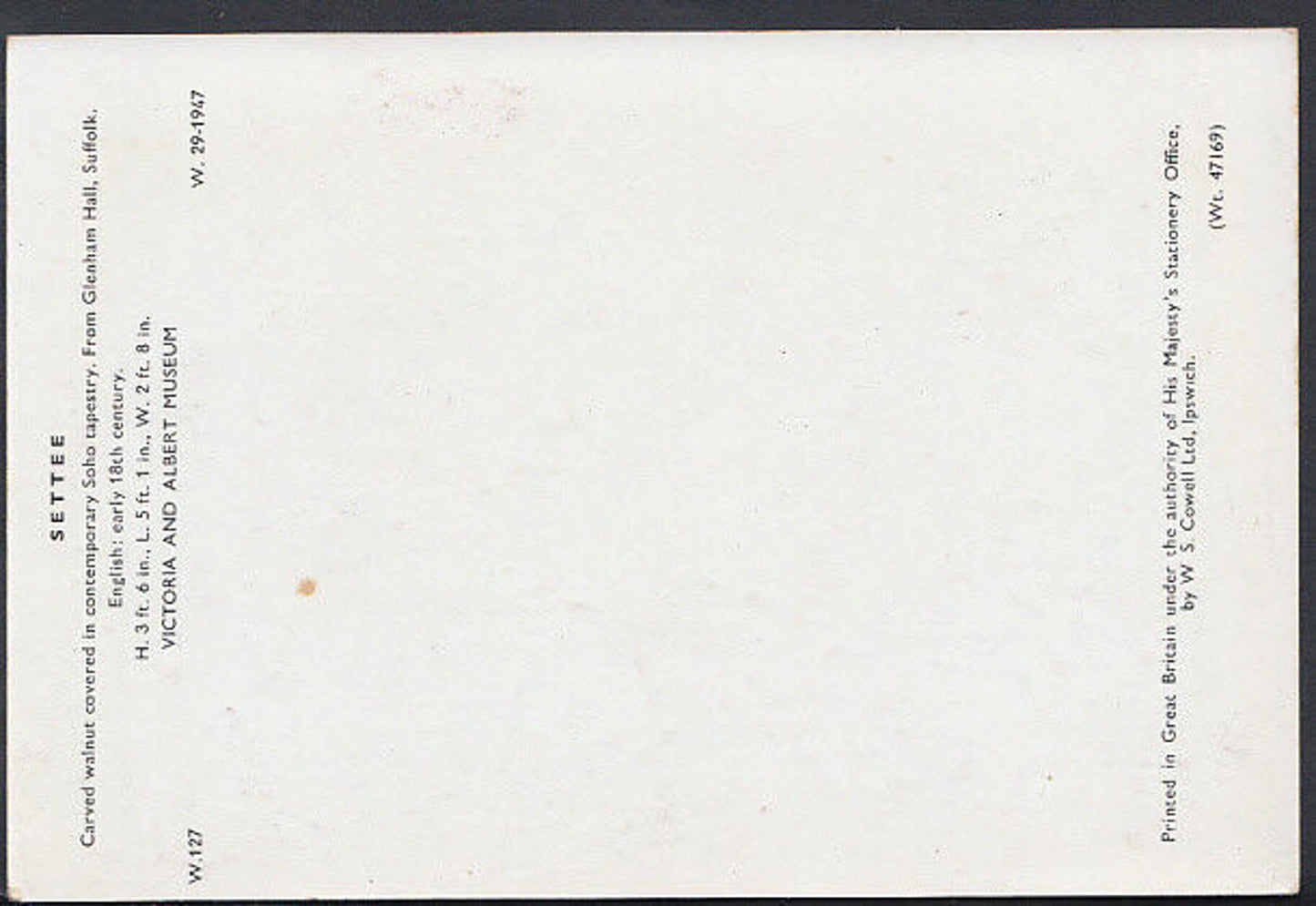 Museum Postcard - Settee in Carved Walnut, Glenham Hall, Suffolk RR2611