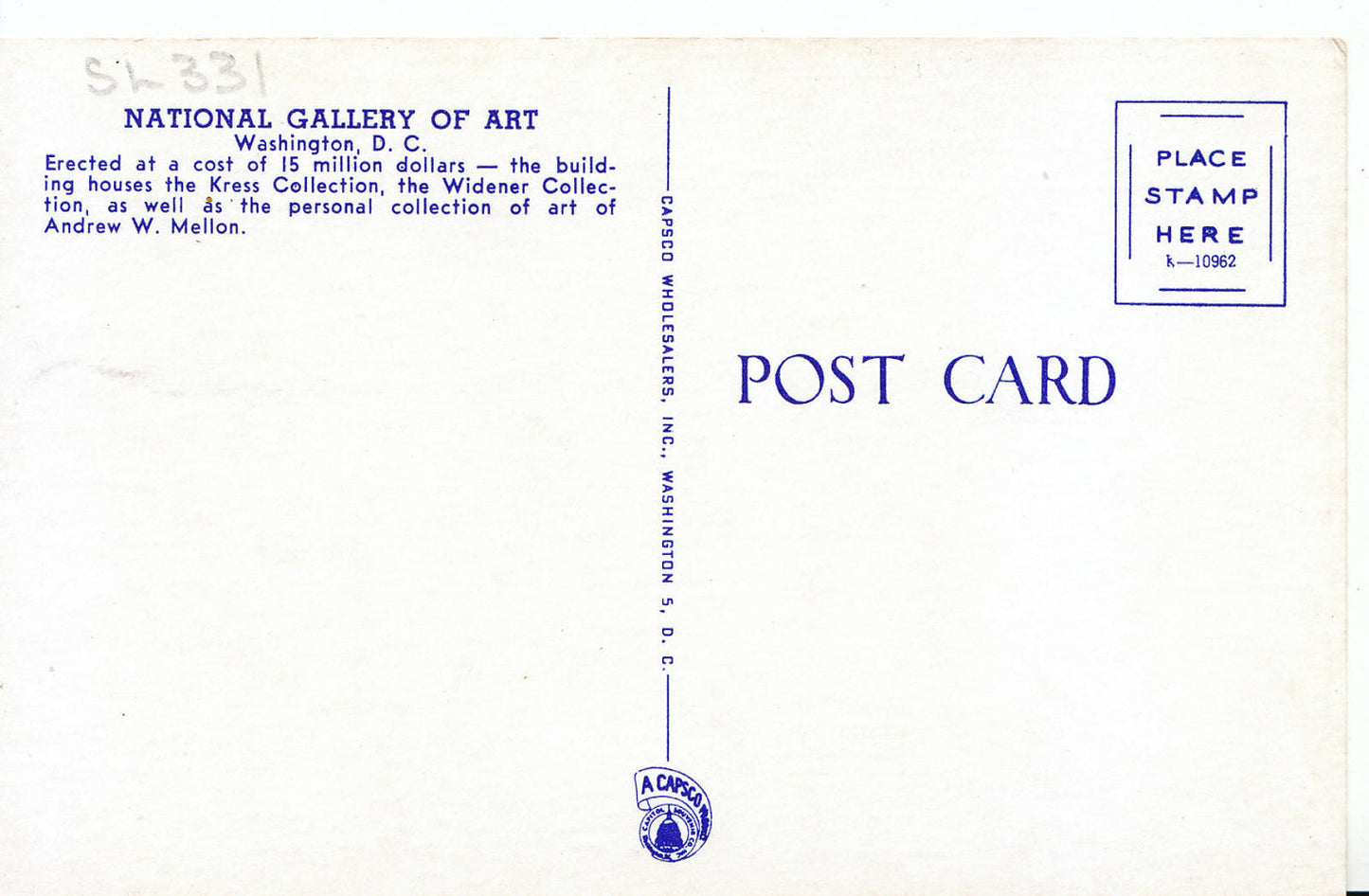 America Postcard - National Gallery of Art, Washington D.C. SL331