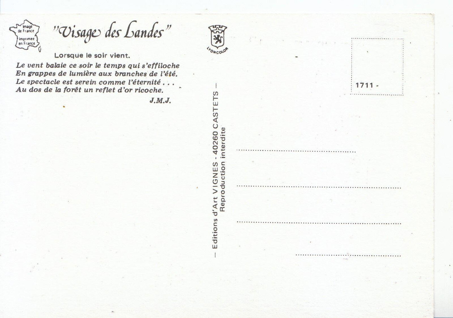 France Postcard - "Visage Des Landes" - Lorsque ie Soir Vient SM389