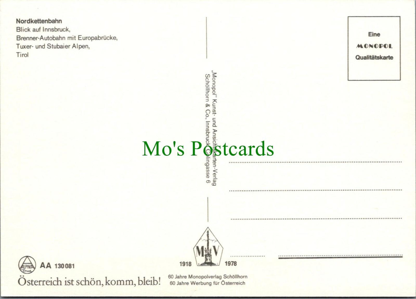 Austria Postcard - Nordkettenbahn, Bick Auf Innsbruck, Tirol RRR1142