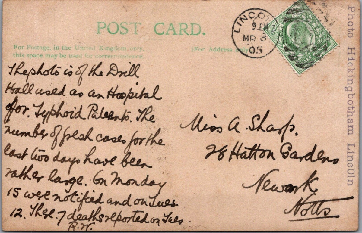 Lincolnshire Postcard: Lincoln Drill Hall Hospital Typhoid Outbreak 1905 XT3977