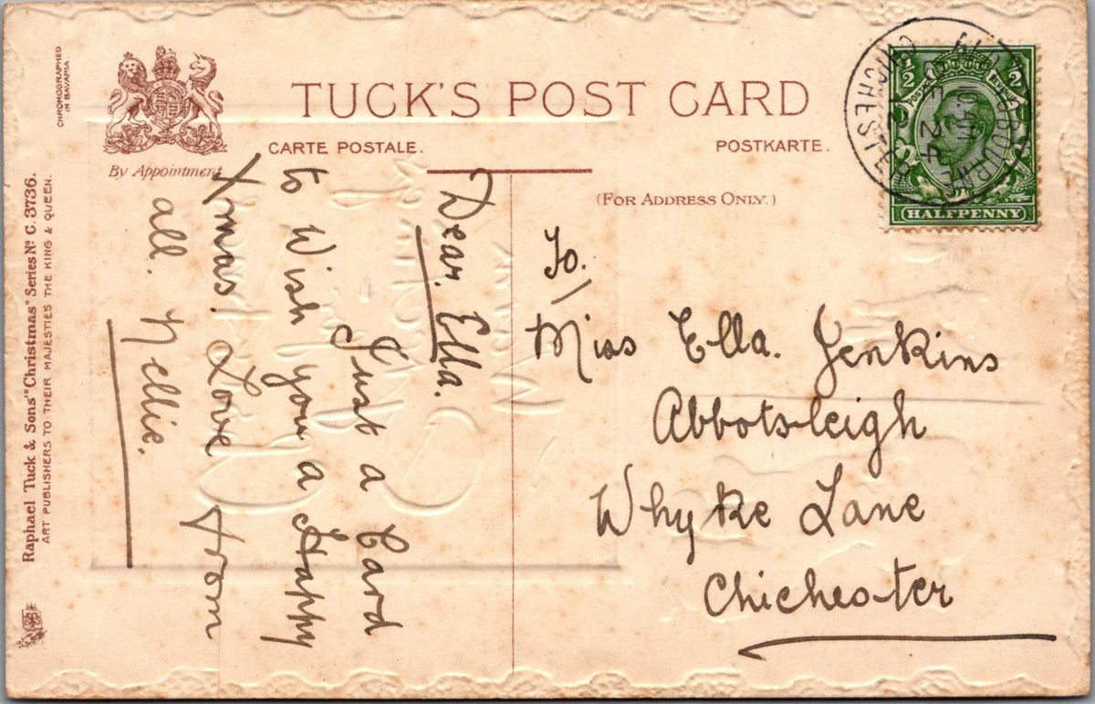 Christmas Postcard: Warm Greetings Black Poodle Puppy Cat Fireplace 1912 XT3616