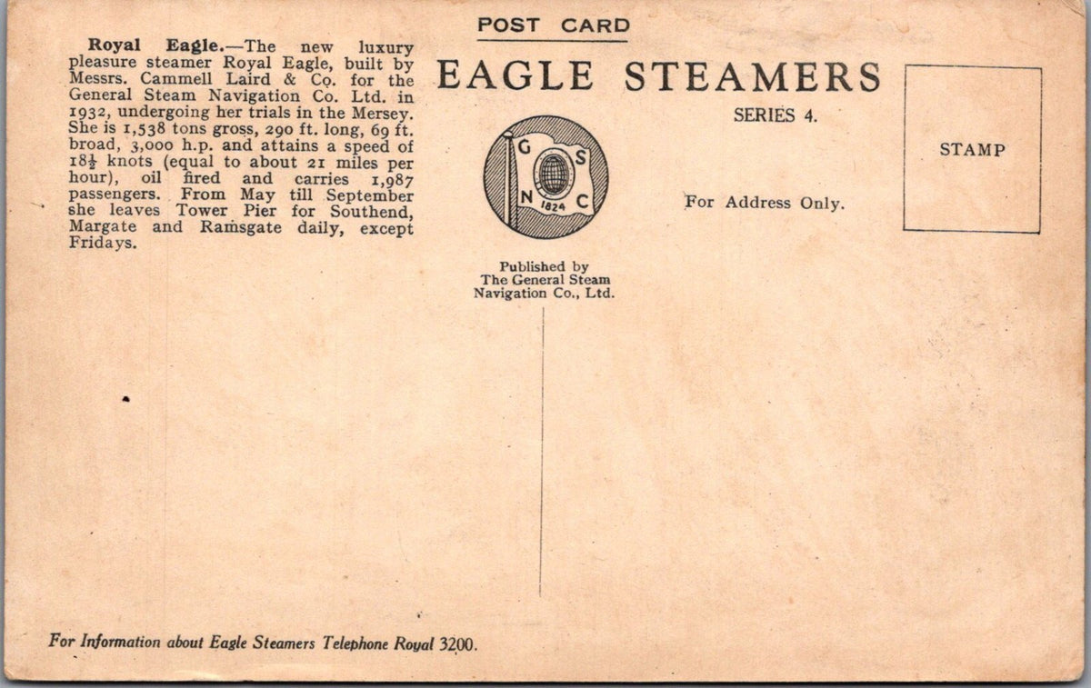 Shipping Postcard: Royal Eagle, Paddle Steamer, Pleasure Ship 1930s XT5308