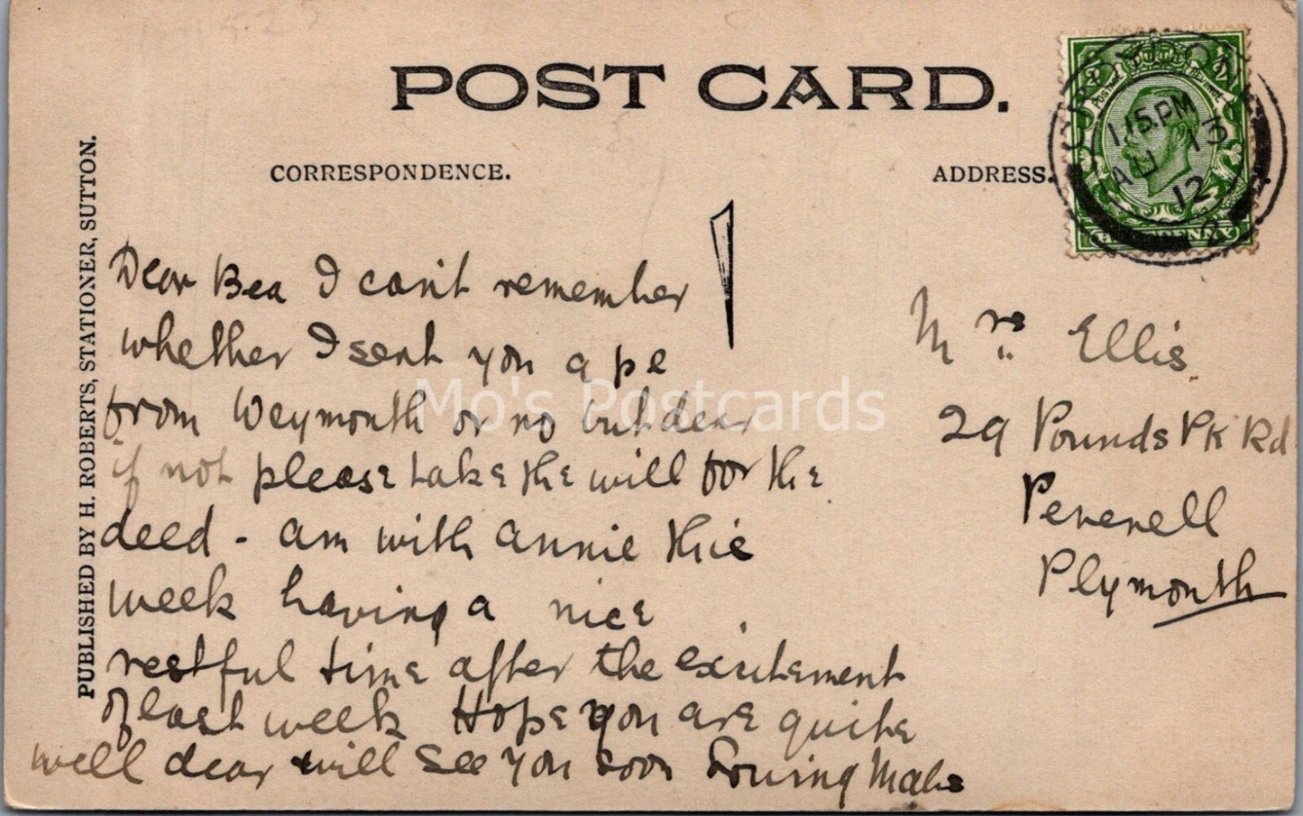 Surrey Postcard: Sutton Victoria Pond Coronation Tree House 1912 XT3668
