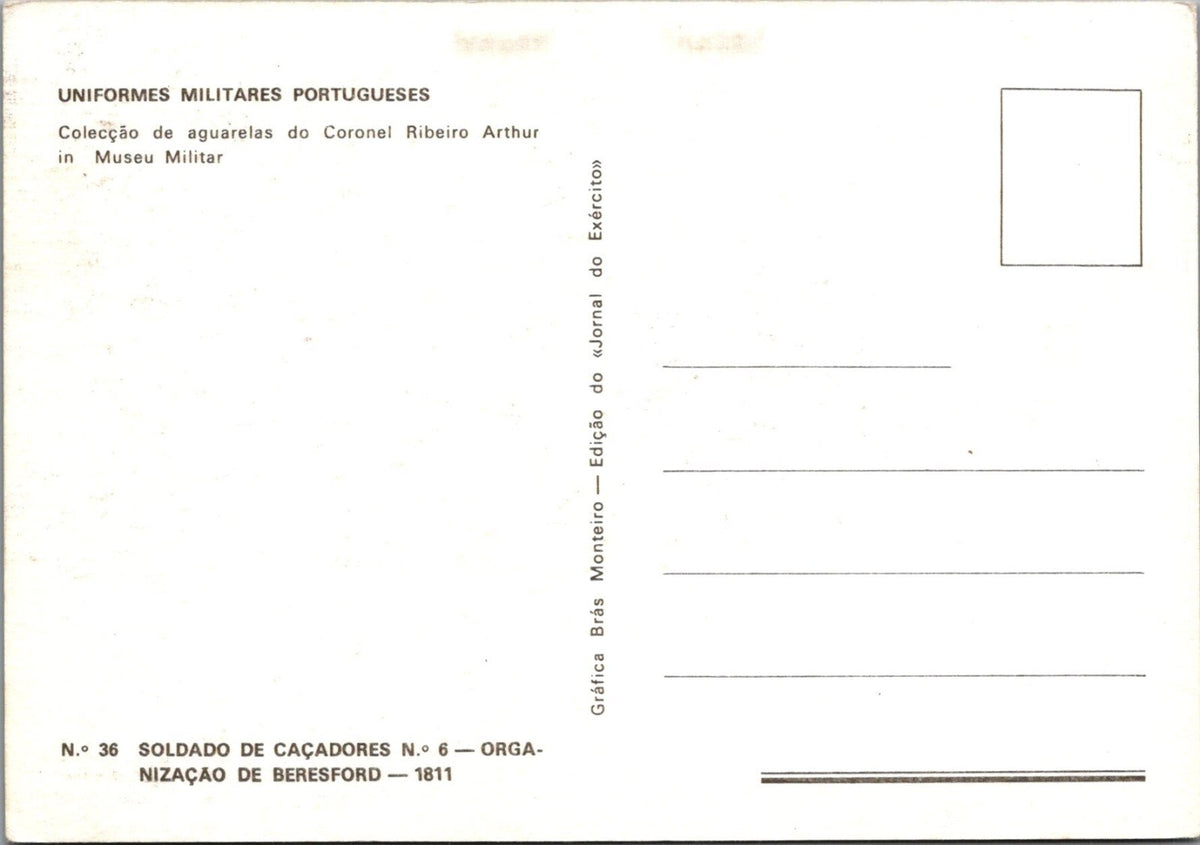 Portugal Postcard: Soldier Of Caçadores No 6 Beresford Uniform 1811 1980s XT5365
