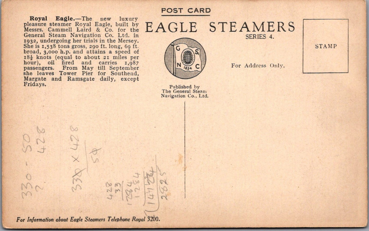 Shipping Postcard: Eagle Steamers Royal Eagle Paddle Steamer Vessel 1930s XT5294