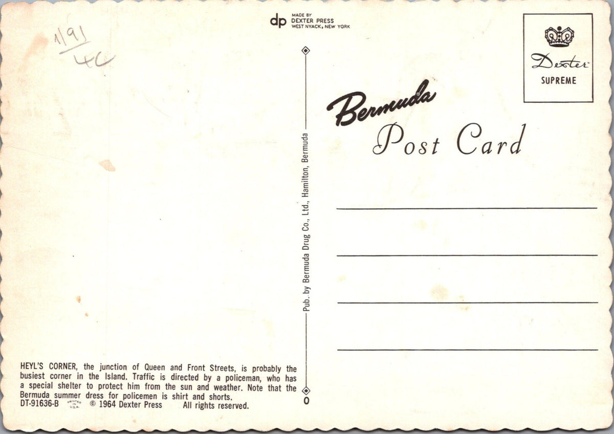 Bermuda Postcard: Hamilton Heyls Corner Policeman Gosling Bros 1964 XT3513