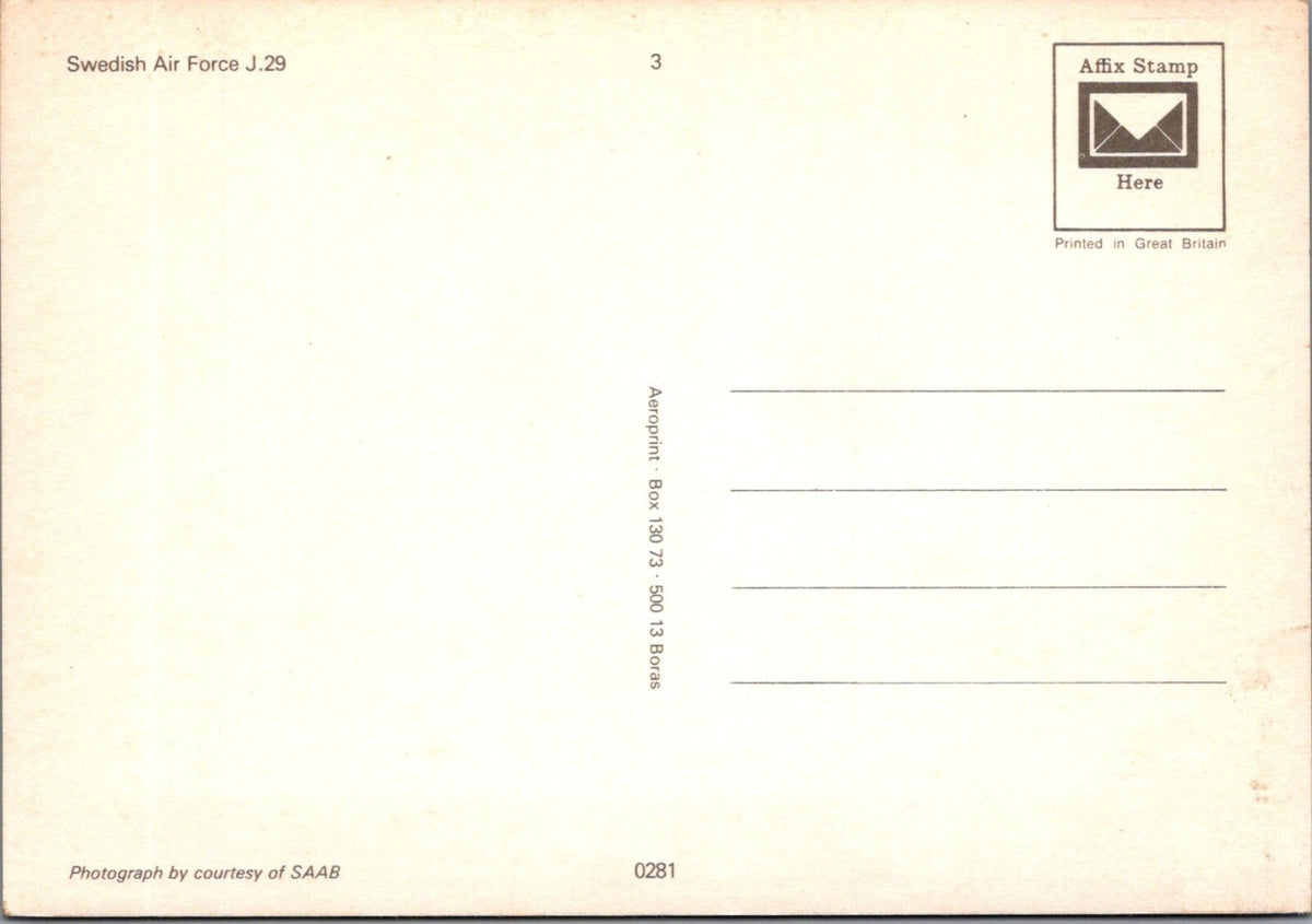Military Postcard: Swedish Air Force Saab J29 Tunnan Aeroprint 1970s XT5154