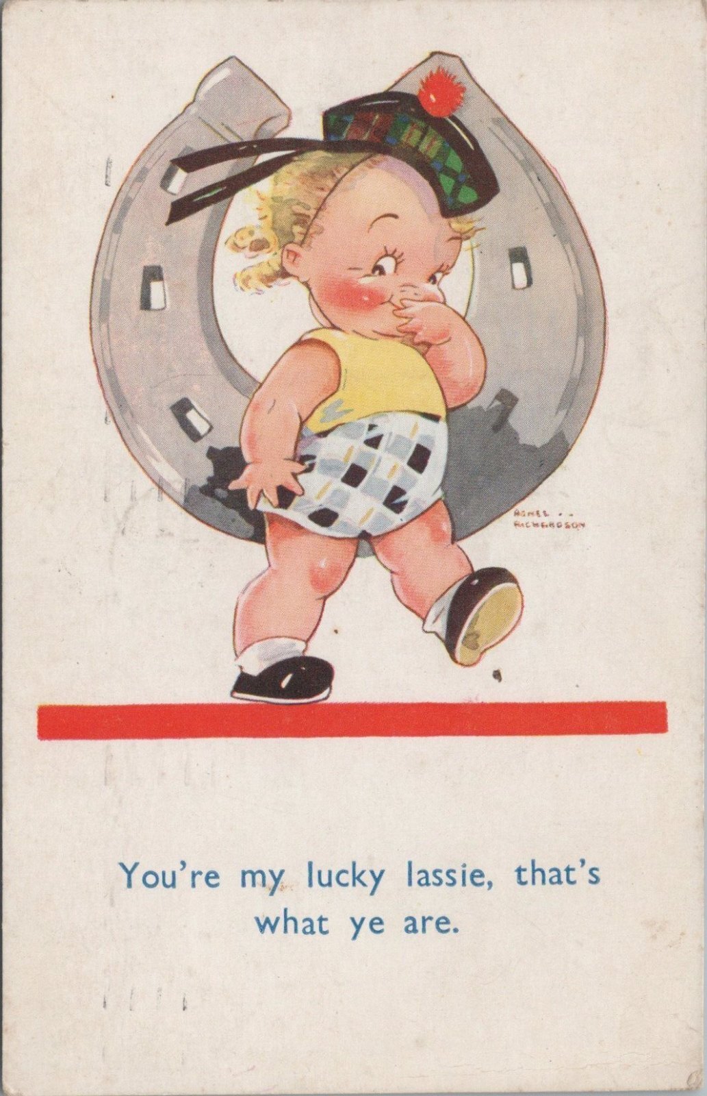 Scottish Lassie Kid Horseshoe Good Luck Postcard Agnes Richardson Artist XT3497