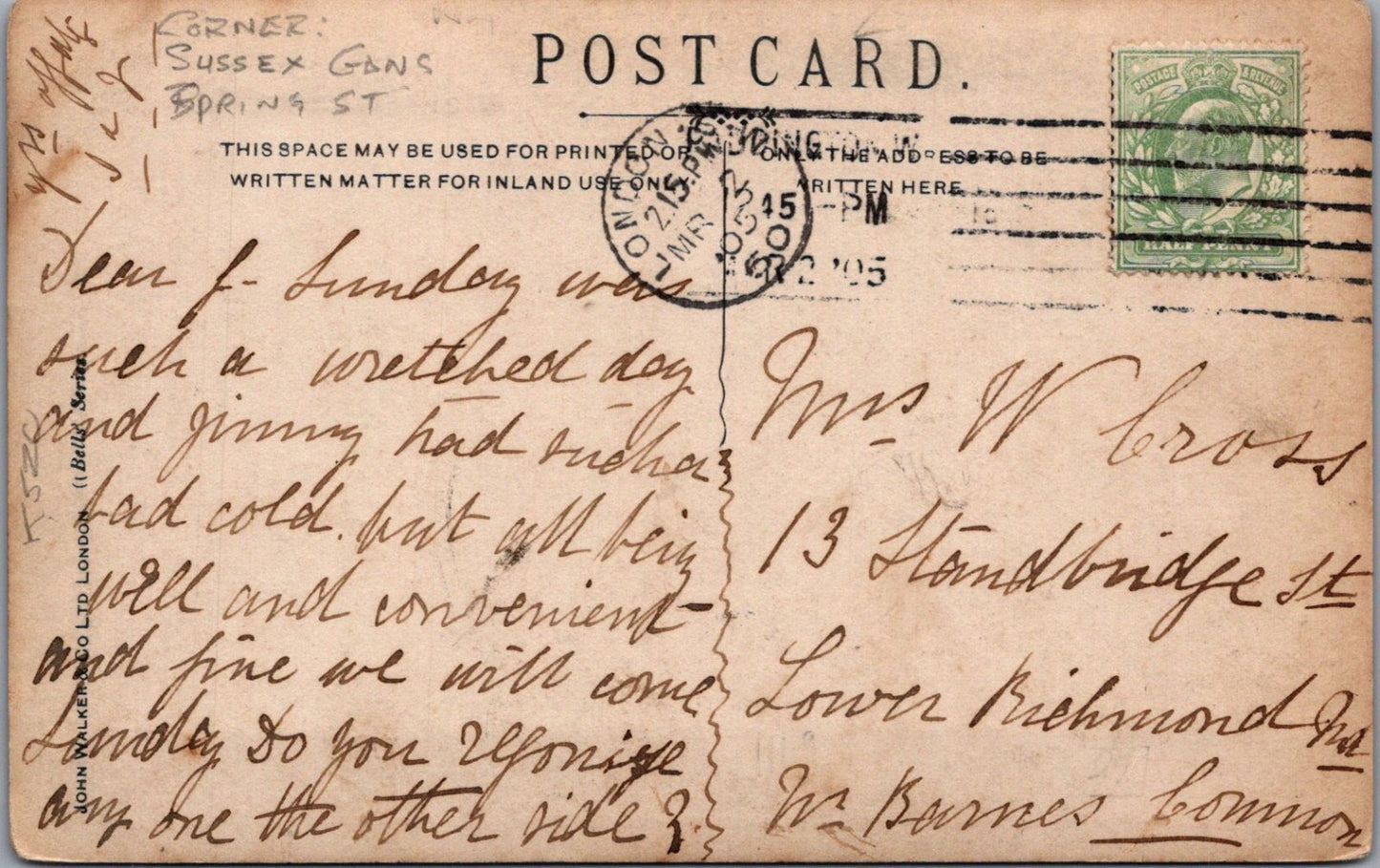 London Postcard: Sussex Gardens Corner Spring Street, Bell's Series, 1905 XT3893