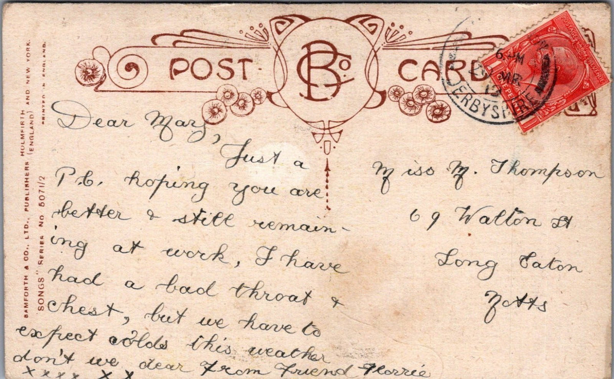 Sentimental Postcard:Though The Wide Seas Roll Between Us Song Poem 1910s XT5331