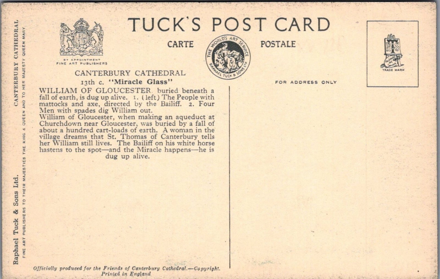 Kent Postcard: Canterbury Cathedral Stained Glass Tuck 1930's XT4164