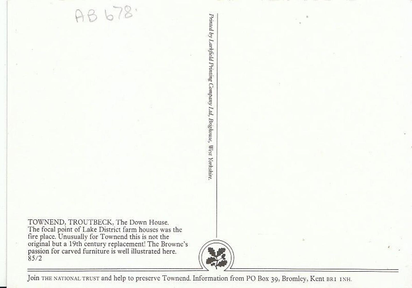 Cumbria Postcard - The Fire House, Townend, Troutbeck AB678