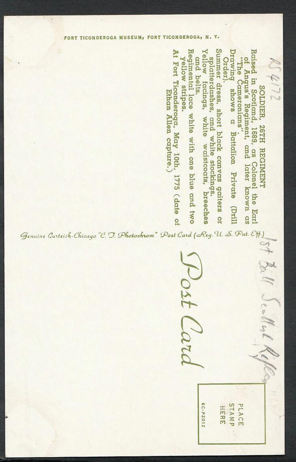 Military Postcard: Soldier 26th Regiment Cameronians Fort Ticonderoga RS4172