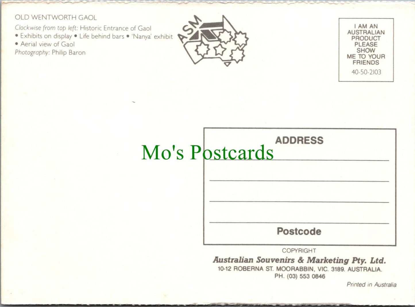 Australia Postcard - Old Wentworth Gaol, New South Wales RRR1179