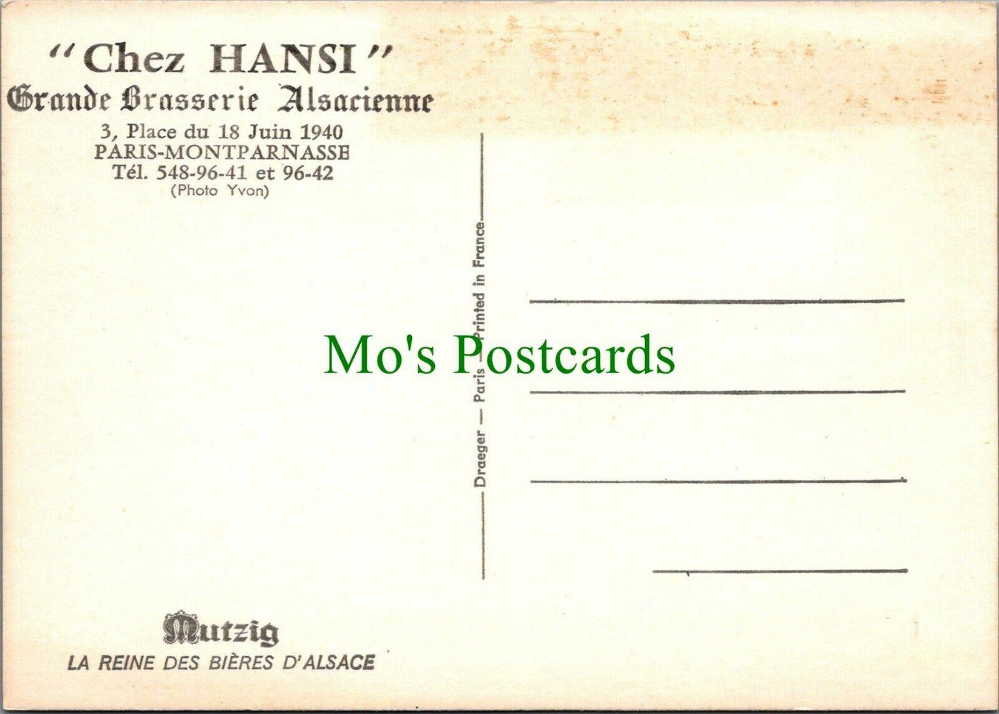 Food & Drink Postcard - Chez Hansi Grande Brasserie Alsacienne, France RR13841