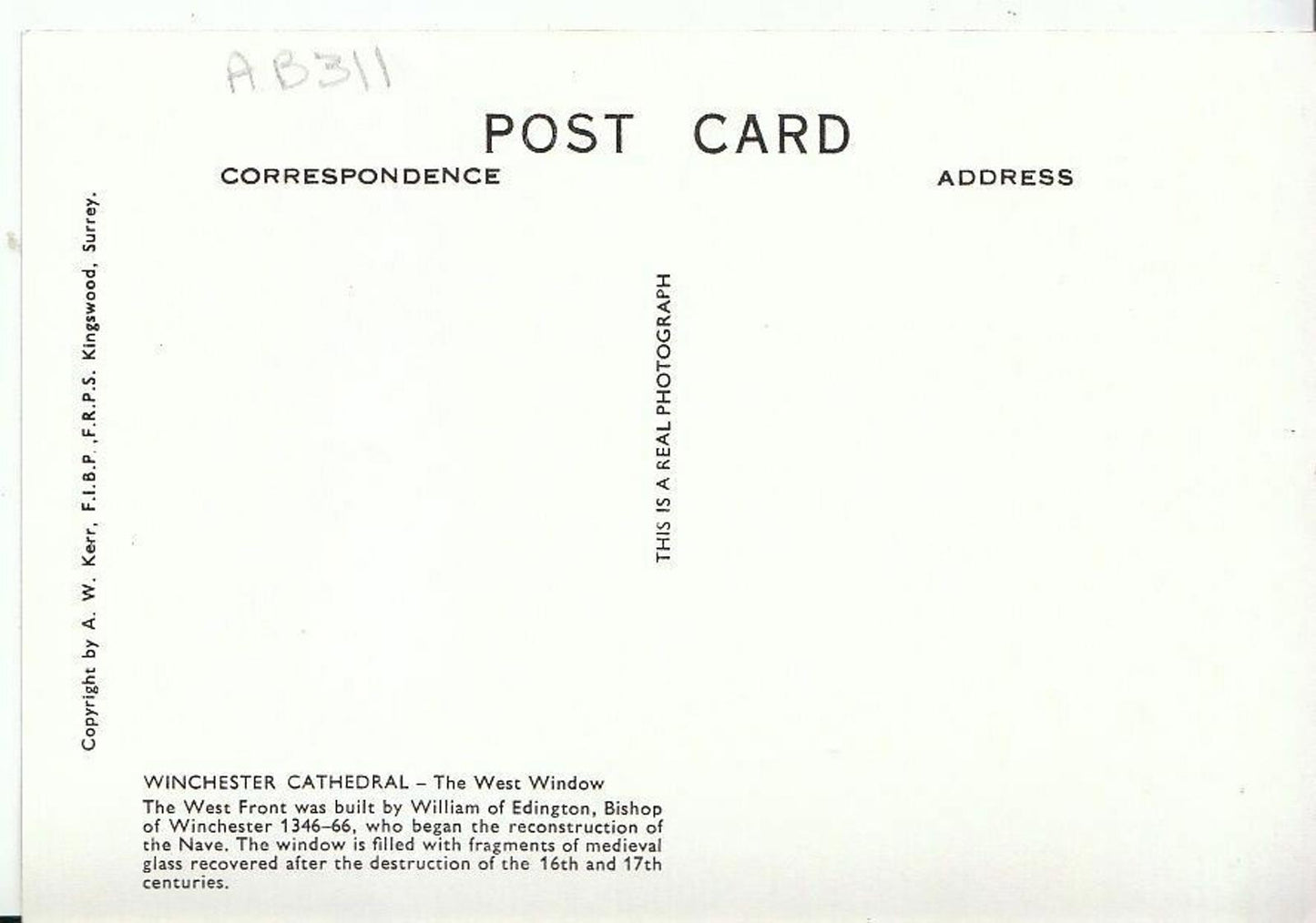 Hampshire Postcard - Winchester Cathedral, The West Window AB311