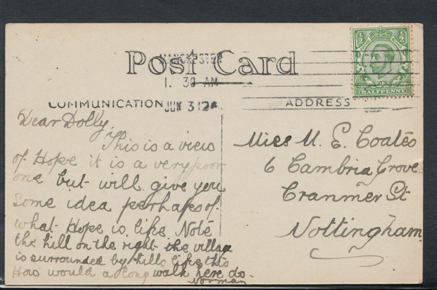 Derbyshire Postcard - Hope Village, A General View. Posted 1912 - RS10004