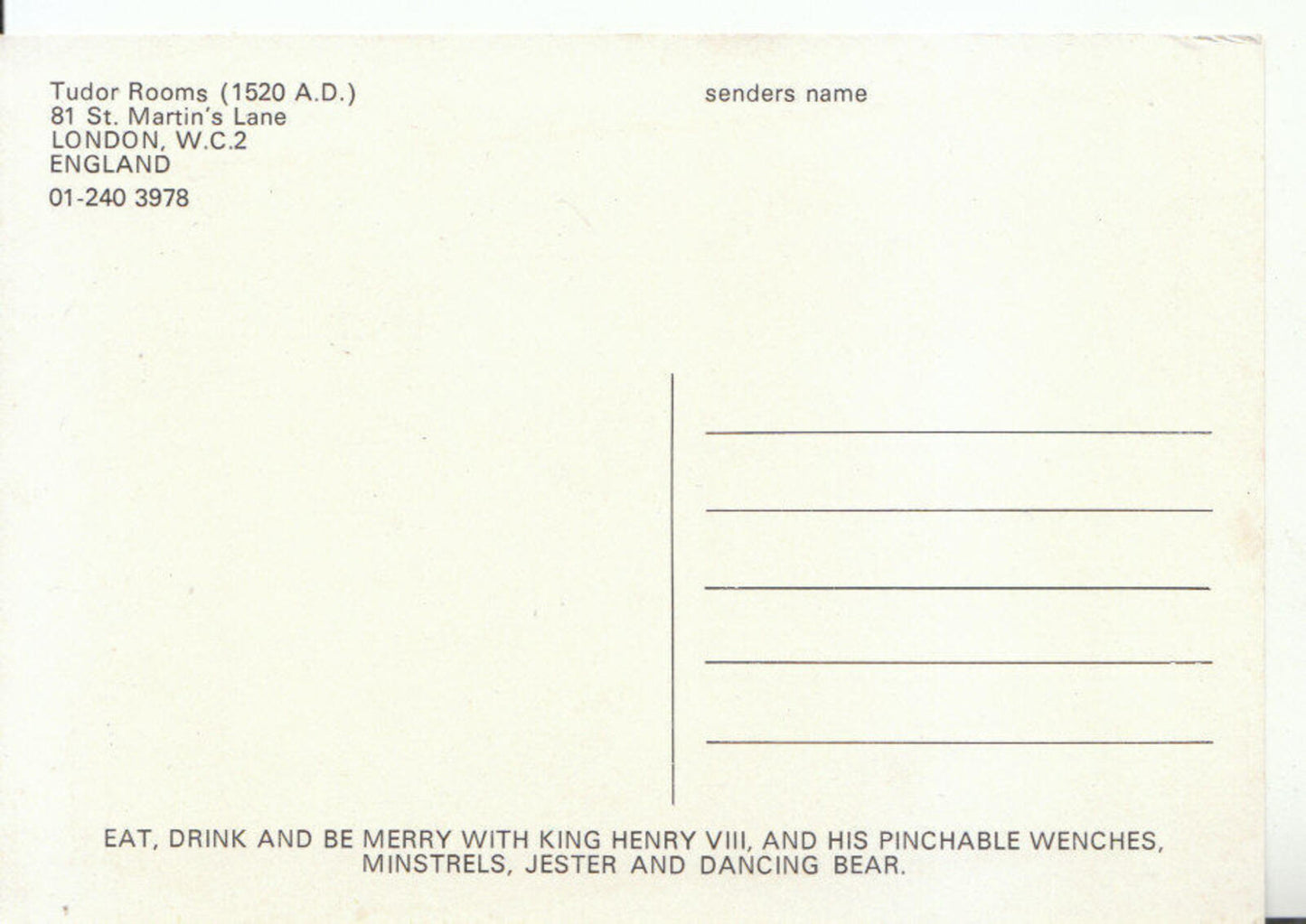 London Postcard: King Henry VIII Banqueting Scene, Flamboyant Feast 1970s 12967A