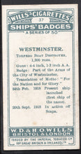 Load image into Gallery viewer, Wills Cigarette Card - Ships Badges Card No 37 - Westminster