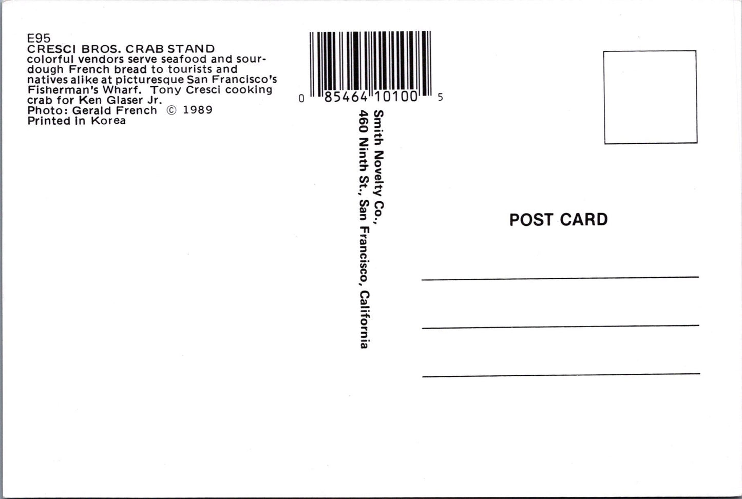 Food Postcard - Cresci Bros, Crab Stand, Fisherman's Wharf, San Francisco Ref.SW10008